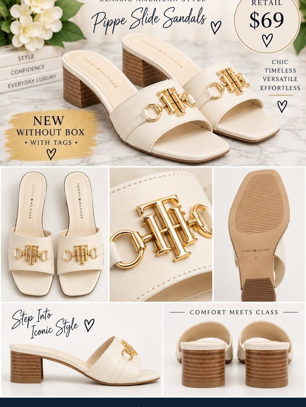 Tommy Hilfiger Cream Pippe Slide Mules with Gold Logo NWOB